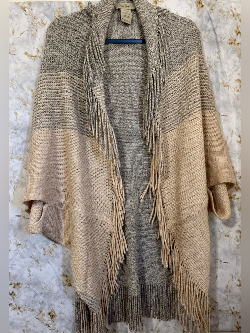 Charlie Paige Gray and Beige Fringe Poncho Cardigan